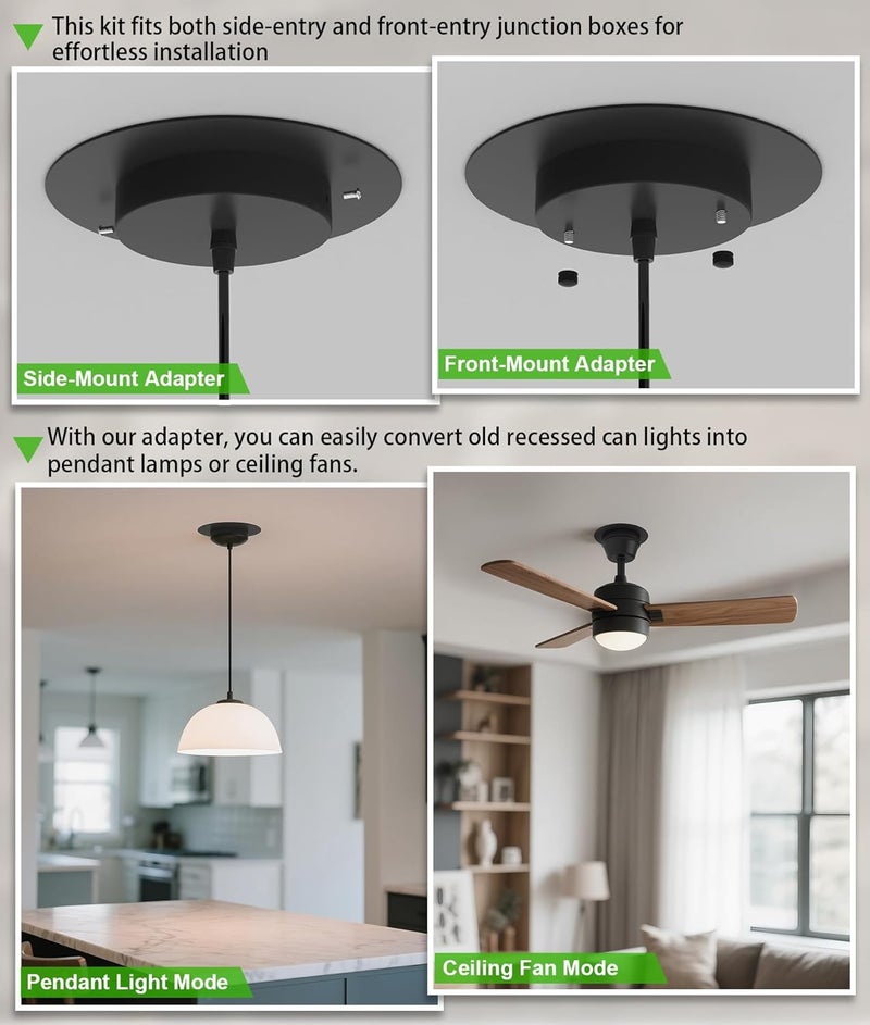 tebio Recessed Can Light Conversion Kit for 5" and 6" Ceiling Fixtures - Pendant/Hanging Light Upgrade, Compatible with Ceiling Fans, Includes 7¾" Flat Steel Medallion,Black Finish,2 Pack - Image 3